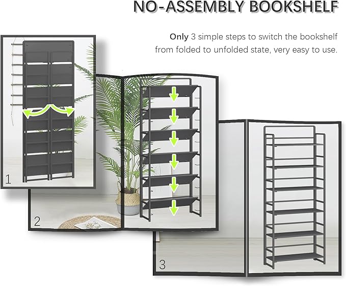 4NM No-Assembly 6 Tiers Folding Bookshelf Storage Shelves Vintage Bookcase Standing Racks Study Organizer Home Office (All Black)