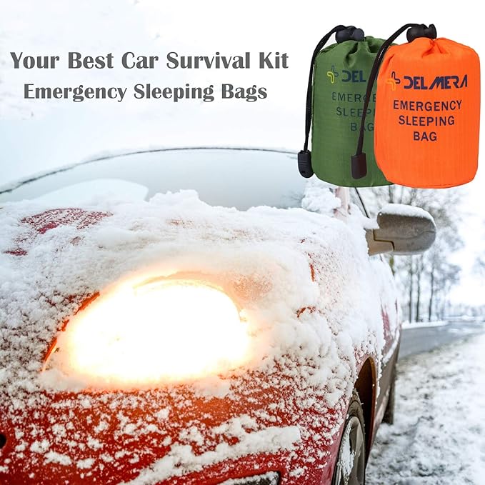 Delmera Emergency Sleeping Bag, Lightweight Survival Sleeping Bags Waterproof Thermal Emergency Blanket, Bivy Sack Survival Gear for Outdoor Adventure, Camping, Hiking, Orange, Green