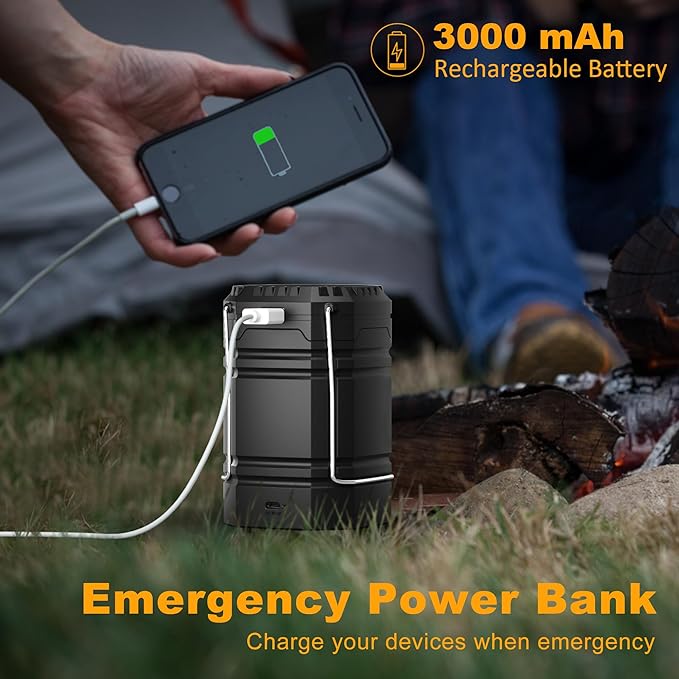 3000mAh Rechargeable Camping Lantern – Solar Powered, Hand Crank, USB-C Charging, Super Bright LED Flashlight & Tent Light, Portable Power Bank for Hurricane, Power Outages, Survival Kit