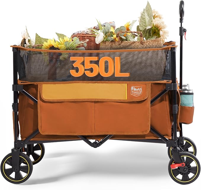 TIMBER RIDGE 350L Extra Large Collapsible Folding Wagon Carts with Brake, Heavy Duty Outdoor Camping Utility Wagons with Extended Height, Adjustable Handle, Cup Holders, Side Bag(Orange)