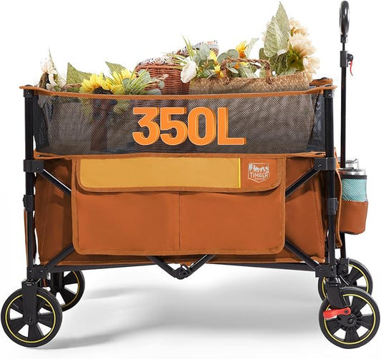 TIMBER RIDGE 350L Extra Large Collapsible Folding Wagon Carts with Brake, Heavy Duty Outdoor Camping Utility Wagons with Extended Height, Adjustable Handle, Cup Holders, Side Bag(Orange)