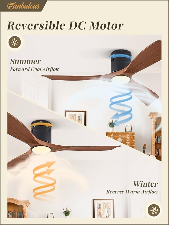 52" Ceiling Fans with Lights and Remote Control,Modern Flush Mount Ceiling Fan with 3 LED Colors,Outdoor Low Profile Ceiling Fans with 6-Speeds Timer DC Motor for Bedroom Living Room Patio