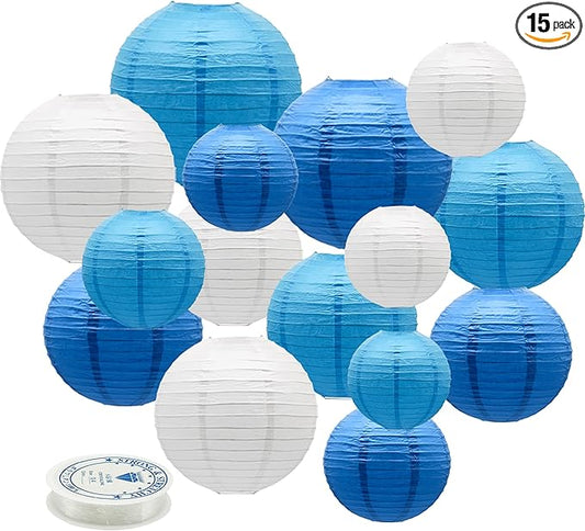 Paper Lanterns Party Decorations Blue - Hanging Paper Lanterns Indoor Outdoor - Wedding Graduation Birthday Baby Shower Party Supplies, 15pcs