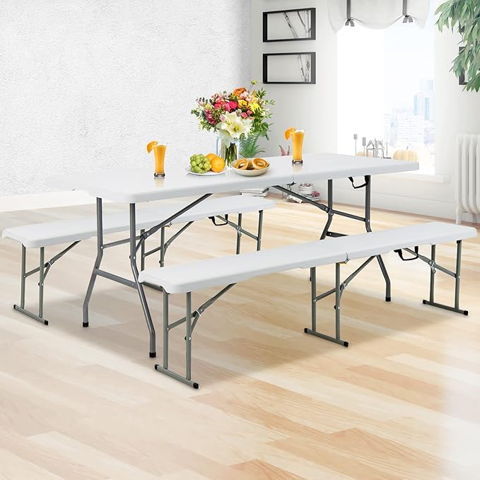 Goplus 6ft Folding Table, Indoor Outdoor Foldable Plastic Folding Tables, Heavy-Duty Rectangular Fold Up Table w/Handle, Portable Utility Card Table for Picnic, Party, Dining, Camping, Beach, White