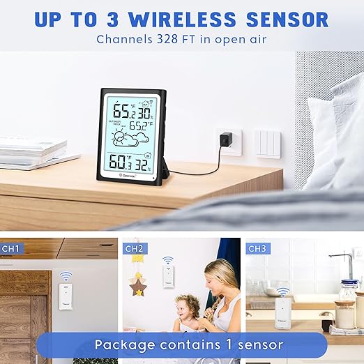 Geevon Large Display Digital Thermometer Hygrometer, Accurate Indoor Outdoor Temperature Humidity Monitoring, Wireless Weather Station with 200ft/60m Range Remote Sensor, Black