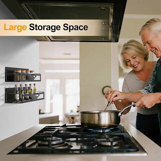 Magnetic Spice Rack for Refrigerator, 2-Pack Metal Spice Organizer for Kitchen Storage Organization, Magnetic Shelf for Fridge Space Saving Seasoning Organizer, Black