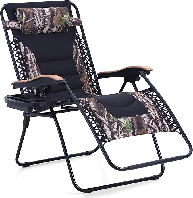 PHI VILLA XXL Oversized Padded Zero Gravity Chair, Foldable Patio Recliner, 30" Wide Seat Anti Gravity Lounger with Cup Holder, Support 400 LBS (Camouflage)