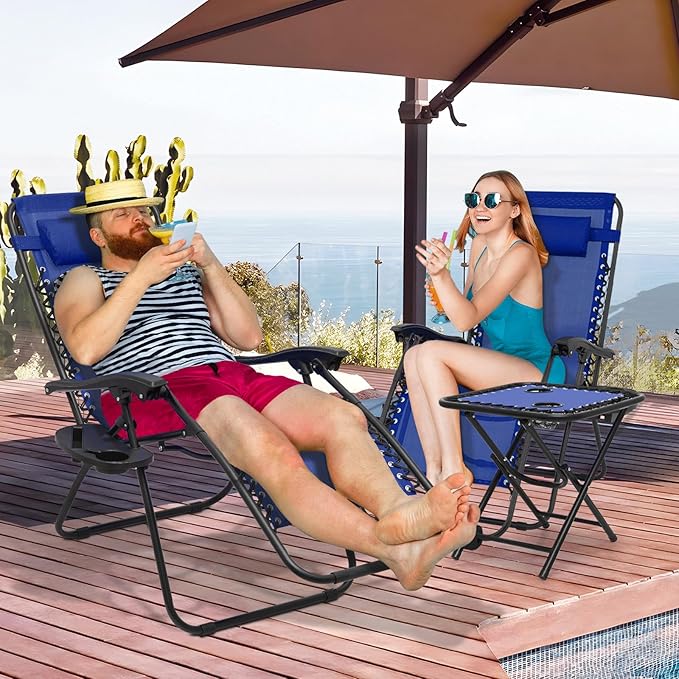 MoNiBloom Oversized Lounge Beach Chairs for Outside, 29" XL Zero Gravity Camping Chairs with Side Table, Pillow and Tray, 330lbs Capacity, Blue