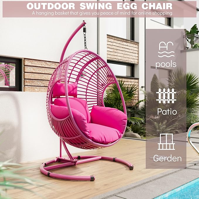 Oversized Hanging Egg Chair Outdoor Wicker Swing Chair with Stand Rain Cover UV Resistant Cushion 400lbs Capacity for Patio, Garden and Balcony