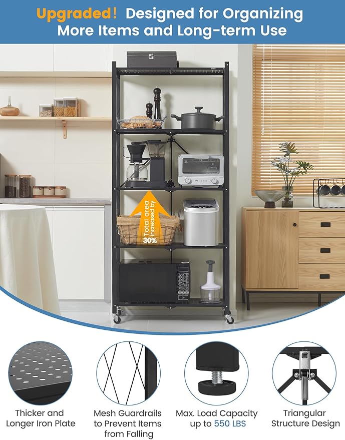 ALANNG 70.7" H Metal Storage Shelves, 5 Tier Folding Shelf on Wheels, Heavy Duty, No Assembly, Rolling, Collapsible Rack Unit for Kitchen, Basement, Pantry (Black,3 Pack)