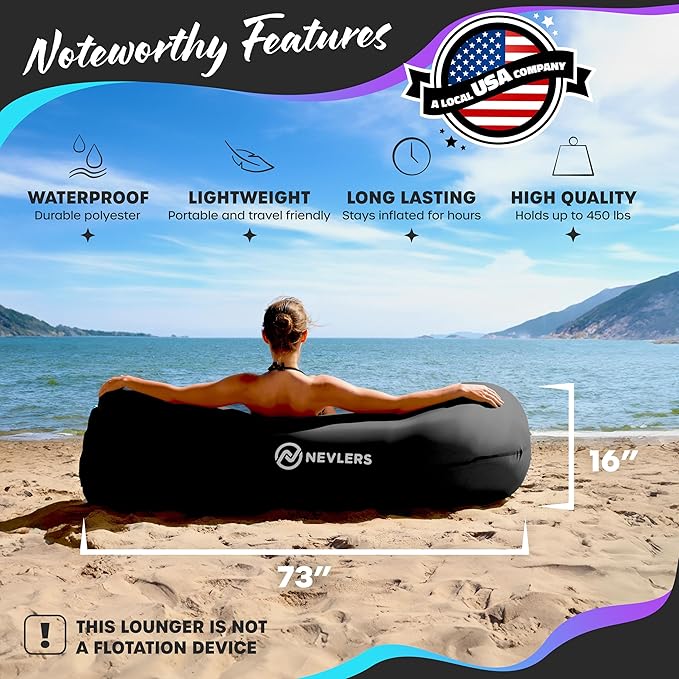 Nevlers Inflatable Lounger | 210T Polyester Inflatable Chair | No-Pump Blow Up Couch | Camping Couch Air Sofa Bed w/ 450 lbs. Cap., Pockets & Matching Bag | Use as Inflatable Couch for Adults & Kids