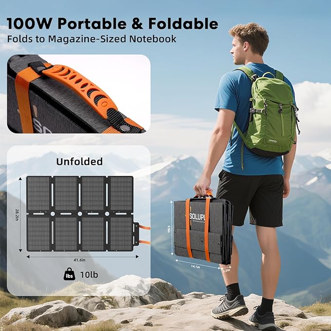 100W Portable Foldable Folding Solar Panels, IP67 Waterproof for Camping, Outdoor Power Supply, Compact 8-Fold Design with MC-4 Output, High-Efficiency Charging for Devices