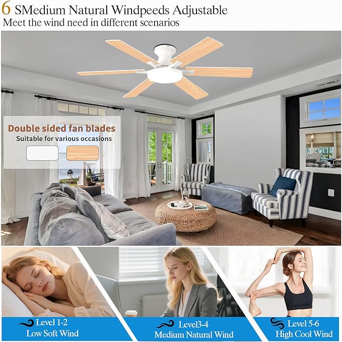 Ceiling Fans with Lights,54 Inch Low Profile Ceiling Fan with Light and Remote Control,6 Speeds/6 Blade,Flush Mount,LED Dimmable DC Reversible Modern, White Ceiling Fan for Bedroom/Living Room
