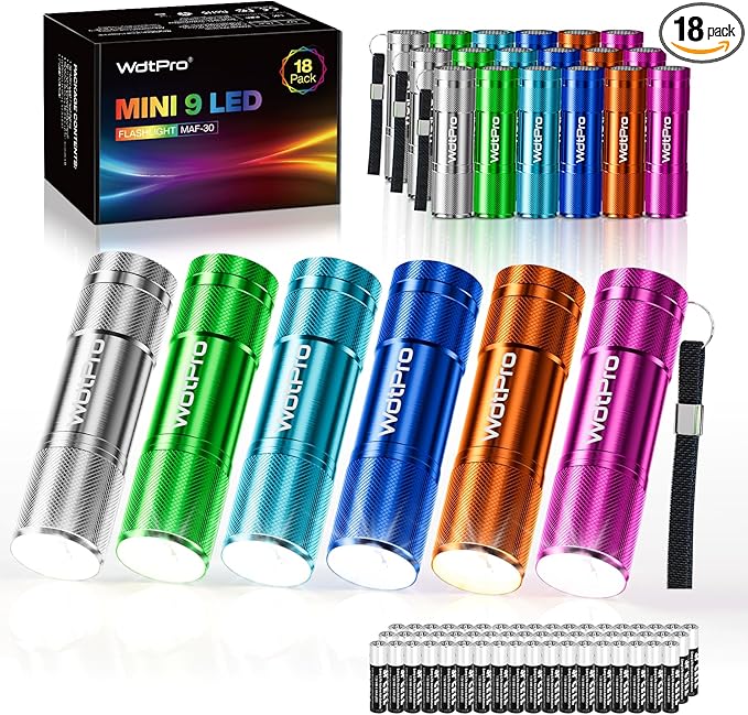 WdtPro LED Mini Flashlights 18 Pack, Aluminum Bright Flash Light with Lanyard, Assorted Colors, Small Flashlight for Home, Power Outage, Kids Reading, Camping, Party, Gift with Batteries