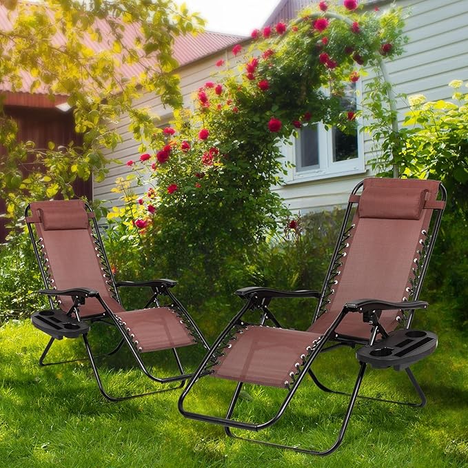 Nazhura Set of 2 Relaxing Recliners Patio Chairs Adjustable Steel Mesh Zero Gravity Lounge Chair Beach Chairs with Pillow and Cup Holder Khaki (Brown)