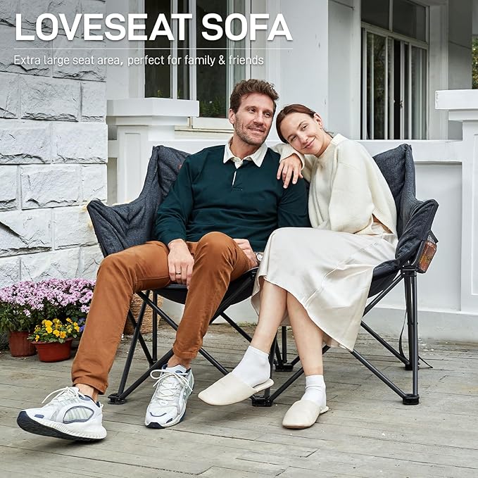 EVER ADVANCED Double Camping Chair for Adults, Padded Folding Camping Loveseat Bench with Side Pocket Portable Camping Couch, Two Person Heavy Duty Outdoor Chair with Cushion,Support 600lbs, Black