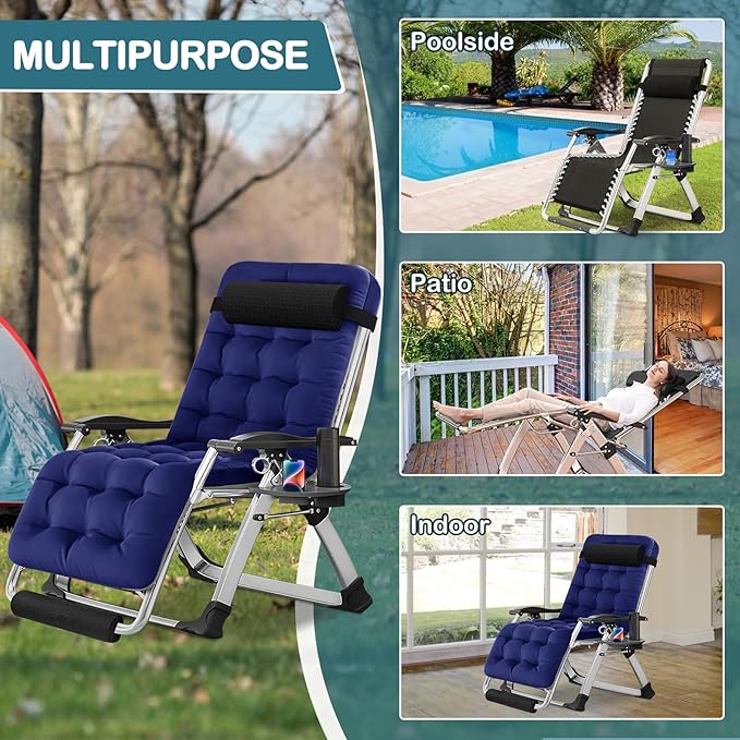 NAIZEA Widened Zero Gravity Chair 29" XL,Oversized Outdoor Lounge Chairs, Folding Reclining Camping Chairs with Cup Holder, Ergonomic Patio Lawn Chair for Balcony Beach Deck Yard