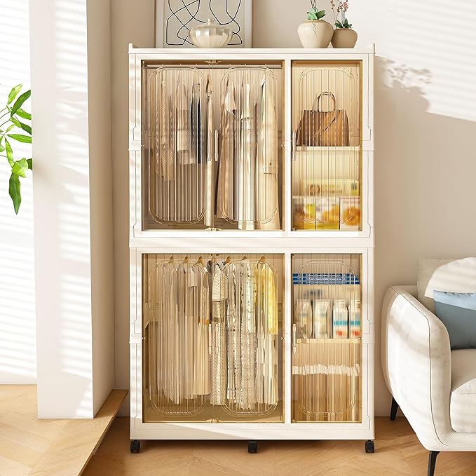 Portable Wardrobe Closet Storage Organizer, Plastic Collapsible Closet Organizer with Transparent Magnetic Door, for Bedroom Living Room,Easy Assemble,4 Cubes & 2 Hanging Rod