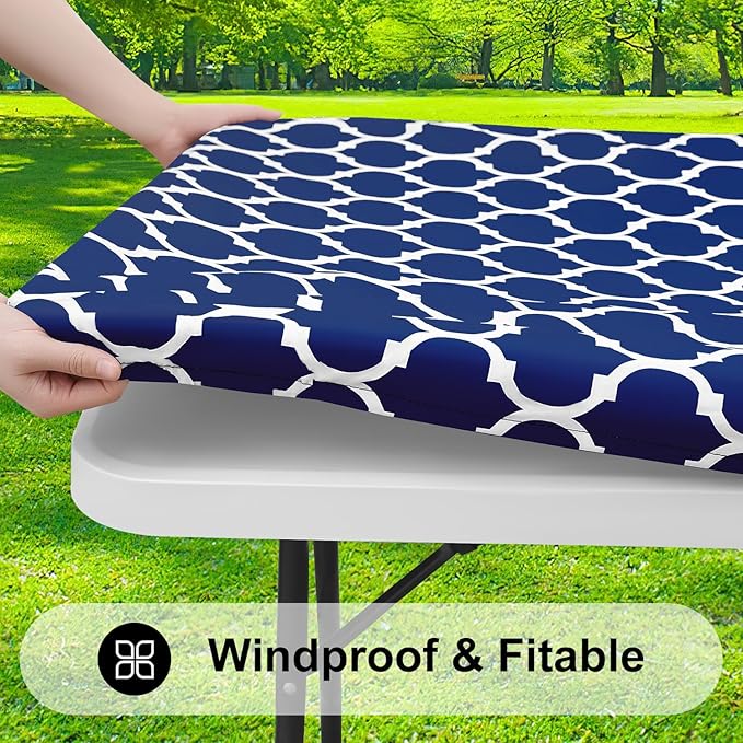 Smiry Rectangle Picnic Table Cover, Waterproof Elastic Fitted Camping Tablecloths for 8 Foot Tables, Wipeable Flannel Backed Vinyl Tablecloth Protector for Indoor, Outdoor (Navy, 30x96 Inches)