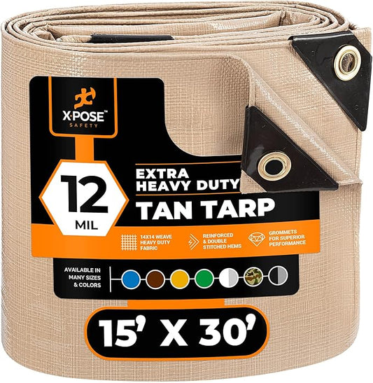 Heavy Duty Tan Poly Tarp 15' X 30' - Multipurpose Protective Cover - Durable, Waterproof, Weather Proof, Rip and Tear Resistant - Extra Thick 12 Mil Polyethylene - by Xpose Safety