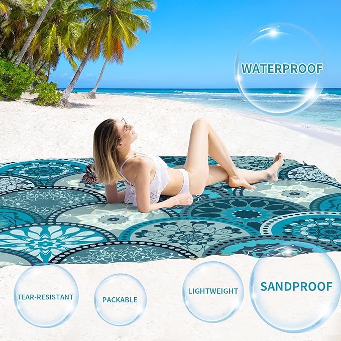 BYDOLL Beach Blanket Waterproof Sandproof 78''×81'' Suits1-4 Adults Compact Lightweight Oversized Sand-Free Blanket Large Picnic Mat for Beach Travel Camping Hiking