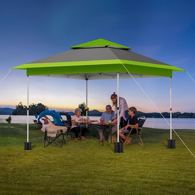 TLSUNNY 12X12 Pop Up Canopy Tent, Camping Shader W/Overhanging Eaves & Sand Bag, Outdoor Gazebo Shelter W/One Push Setup & Wheeled Bag, Height Adjustable, for Patio, Market, Party (Green, 12FTX12FT)