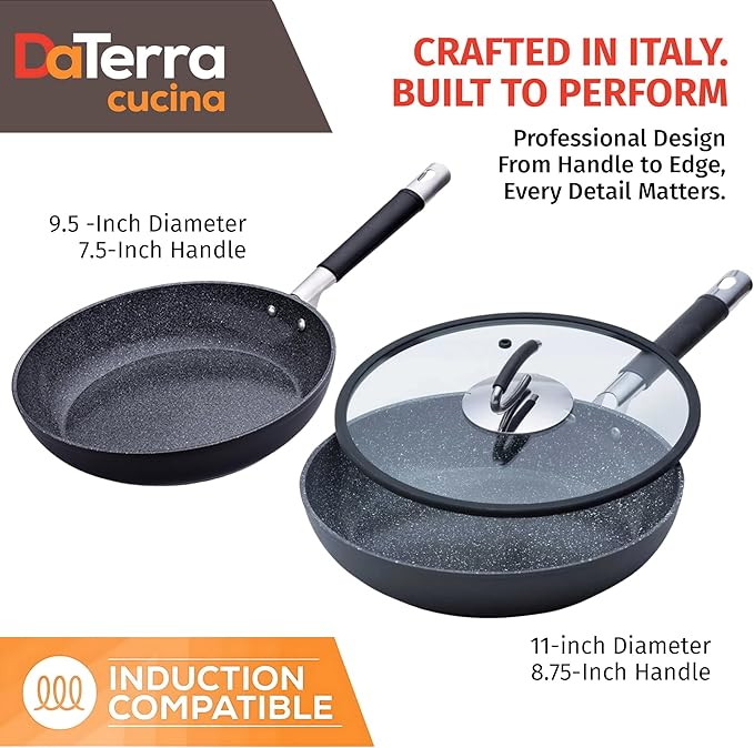 DaTerra Cucina Nonstick Pan Bundle – 9.5" & 11" Ceramic Cooking Pans Nonstick w/Lid - Oven Proof Frying Pan - Induction, Gas, & Electric Cooktops Friendly – Volcanic Black Speckled – Made in Italy