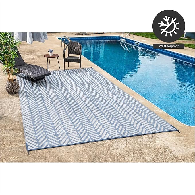 FH Home Outdoor Camping Rug - Waterproof, Fade Resistant, Reversible - Premium Recycled Plastic - Herringbone - Large Patio, Deck, Sunroom, RV - Fresno - Light Blue - 9 x 18 ft Foldable
