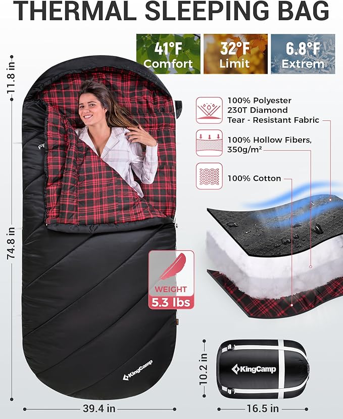 KingCamp Sleeping Bag for Adults, Cold Weather & Warm Extra Wide Big & Tall XL Portable Waterproof Flannel Sleeping Bags, Essentials Gear Accessories for Camping Backpacking Hiking Indoor & Outdoor