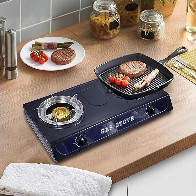 Propane Gas Stove Double Burner, Pulse Ignition LPG Cooktop, 17000 BTU Portable 2 Burner Propane Stove for Outdoor Cooking, camping, tailgating,or Emergencies