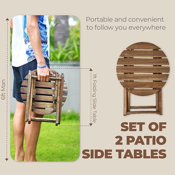 2PCs Folding Side Tables, Waterproof Patio Foldable End Table, Portable Side Table for Indoor and Outdoor Garden, Porch, Balcony, Camping, Fishing, Walnut Color, Small Size 13 inch Height