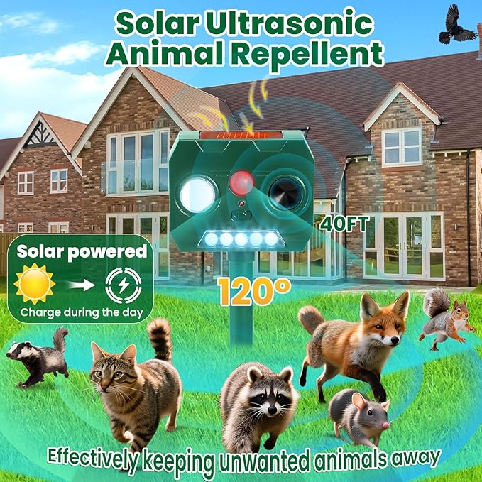 Solar Ultrasonic Animal Repellent Outdoor, 2 Pack Cat Squirrel Raccoon Bird Dog Deer Repellent Devices with PIR Motion Sensor ＆ LED Flash, Waterproof Animal Deterrent for Garden Yard Farm