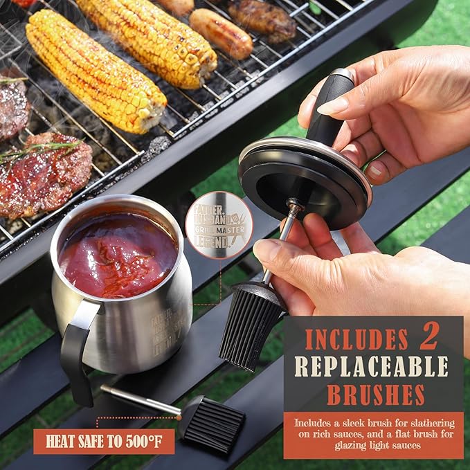 32 OUNCE BBQ Basting Pot with 2 Replaceable Brushes，Grilling Gifts for Men&Dad，Stainless Steel 304 Barbecue Sauce Pot Brush Set，Airtight Melting Pot Sauce Container，Birthday Gifts for HIm Dad Husband