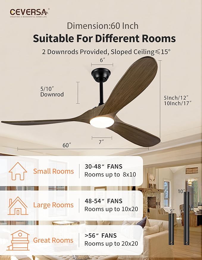 60 Inch Outdoor Ceiling Fans with Lights and Remote, 3 Blades Wood Propeller Rustic Grey Ceiling Fans, Quiet Noiseless DC Motor, for Farmhouse,Living Room,Bedroom,Indoor