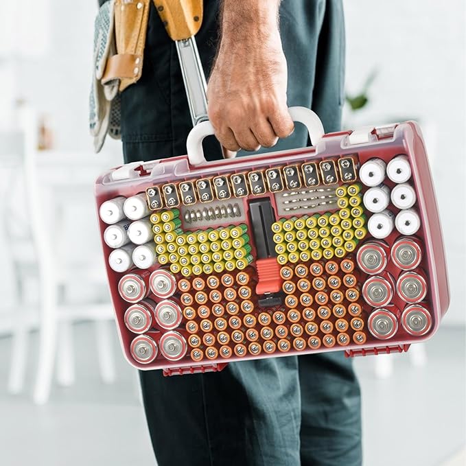 Battery Organizer Storage Holder Case with Double-Sided, Garage Box with Tester Checker. Batteries Container for 269pcs AA AAA AAAA 3A 4A 9V C D Lithium 4LR44 CR2 CR123A CR1632 CR2032 18650 -Red