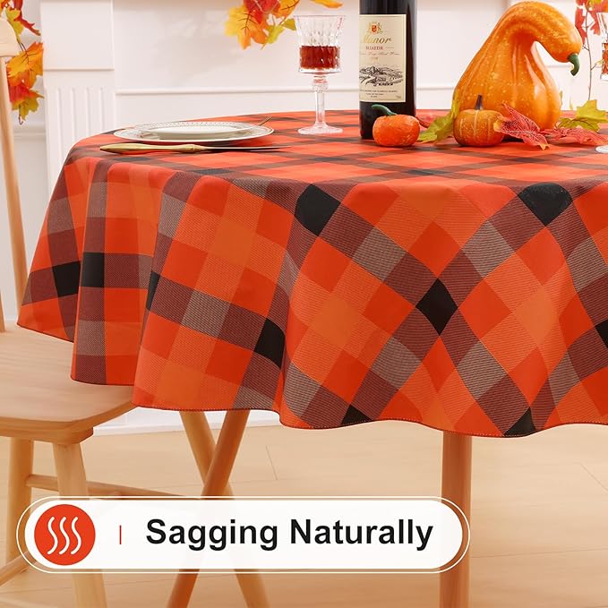 misaya Round Waterproof Vinyl Table Cloth, Buffalo Flannel Backed Tablecloth, Wipeable Plastic Table Cover for Dinner, Kitchen, Picnic (60", Black and Orange and Yellow)