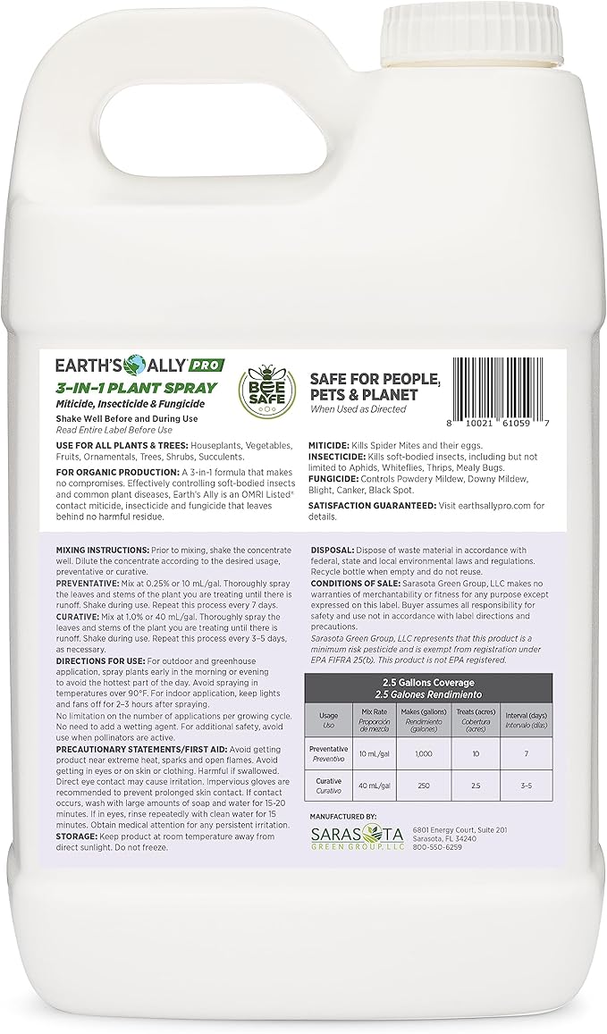 Earth's Ally Pro 3-in-1 Plant Spray 2.5 gal Super Concentrate | Insecticide, Fungicide & Spider Mite Control, Use on Indoor Houseplants and Outdoor Plants, Gardens & Trees - Insect & Pest Repellent