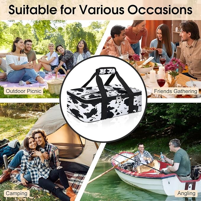 Insulated Casserole Carrier, Portable Casserole Carrier for Hot or Cold Food Lunch Tote Warmer or Cooler Bag, Lasagna Lunch Bag for Potluck Parties- Fits 9" x 13" Baking Dish-Cow Pattern