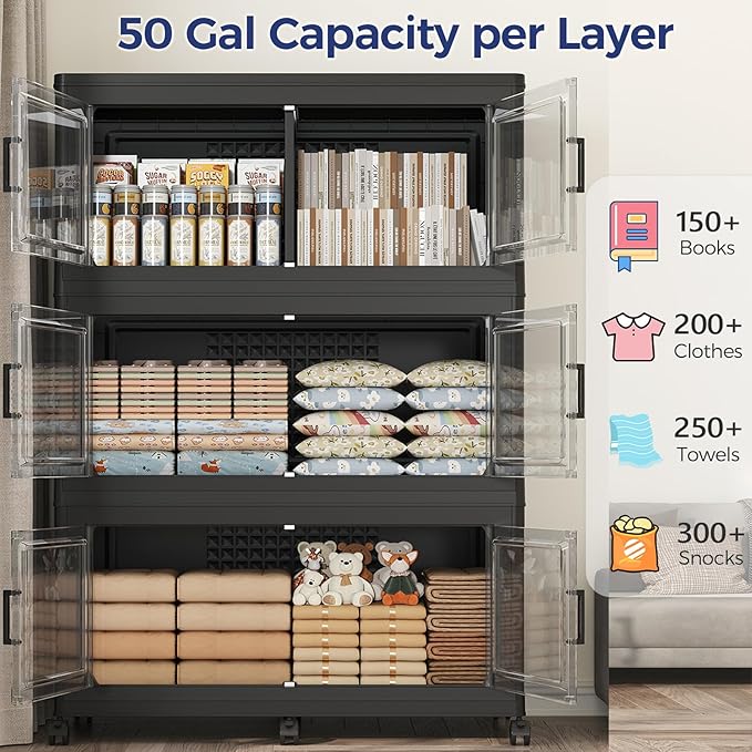 250GAL Extra Large Storage Bins with Lid, 1000Qt Stackable Closet Organizers and Drawers, Collapsible Storage Bins with Wheels, Folding Storages Cabinet for Home Bedroom Office, 5Pack Black