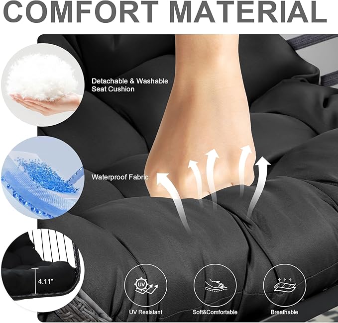 PRIVATE GARDEN Indoor Outdoor Patio Hanging Egg Chair Wicker Swing Hammock Chairs UV Resistant Cushion Folding Aluminum Frame 330lbs Capacity for Patio Bedroom Balcony (Black)