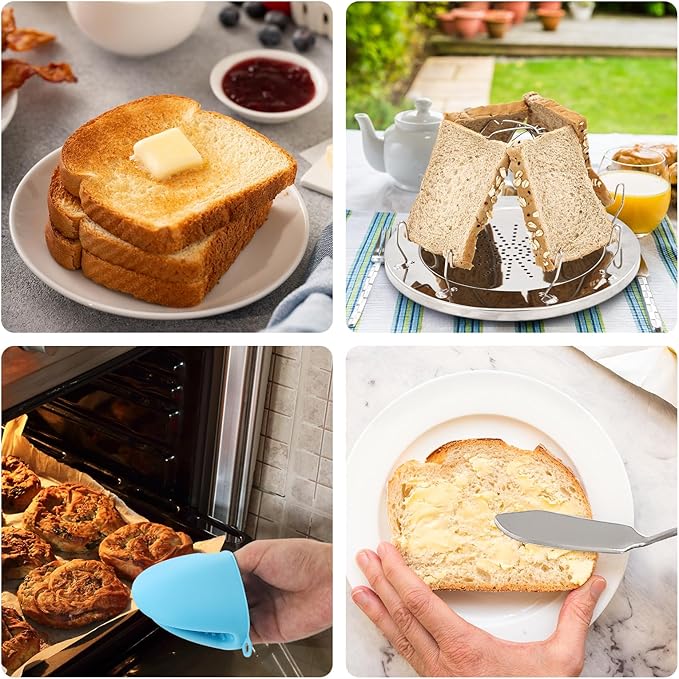 Camping Toaster 4-Slice with Oven Mitts & Butter Knife - Folding Stainless Steel Camp Stove Toaster for Gas Stove Top, Compact for Picnic, Hiking, Backyard