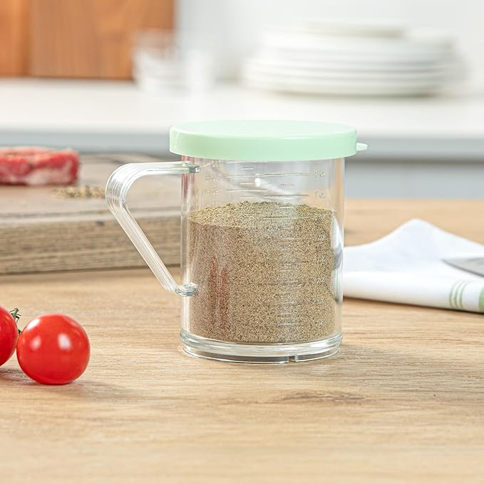 Restaurantware RW Base 10 Ounce Clear Plastic Dredge Spice Shaker 1 Reusable Dry Rub Shaker - Includes Green Perforated Lid With Handle Clear Polycarbonate Spice Shaker For Fine Seasonings