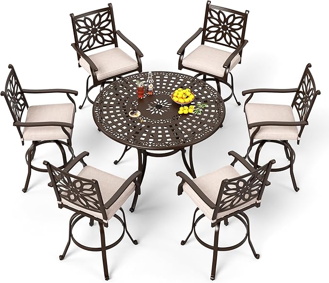 PHI VILLA 7 PCS High Bar Patio Dining Set, Cast Aluminum Outdoor Bar Set for 6 with 54" Round Bar Table and 6 Outdoor Swivel Bar Stool Chairs with Seat Cushion