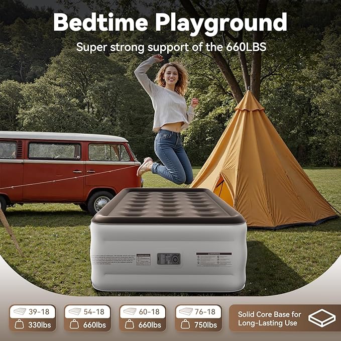 DIVON Twin Air Mattress with Built in Pump Raised, 2 Min Self Inflatable Mattress, 18’’ Blow up Mattress for Adults, 330 LBS Portable Air Bed for Guest, Camping, Travel & Floor, Brown