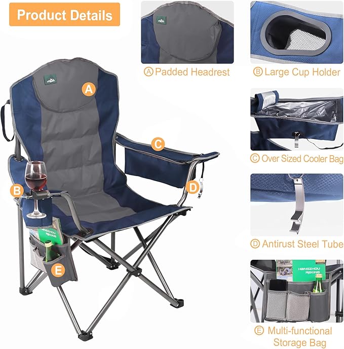 Northroad Oversized Camping Chair, Full Padded Outdoor Folding Chair Support 350 LBS, Heavy Duty Lawn Chair w/Cup Holder, Cooler Bag, Shoulder Straps for Adult-Blue