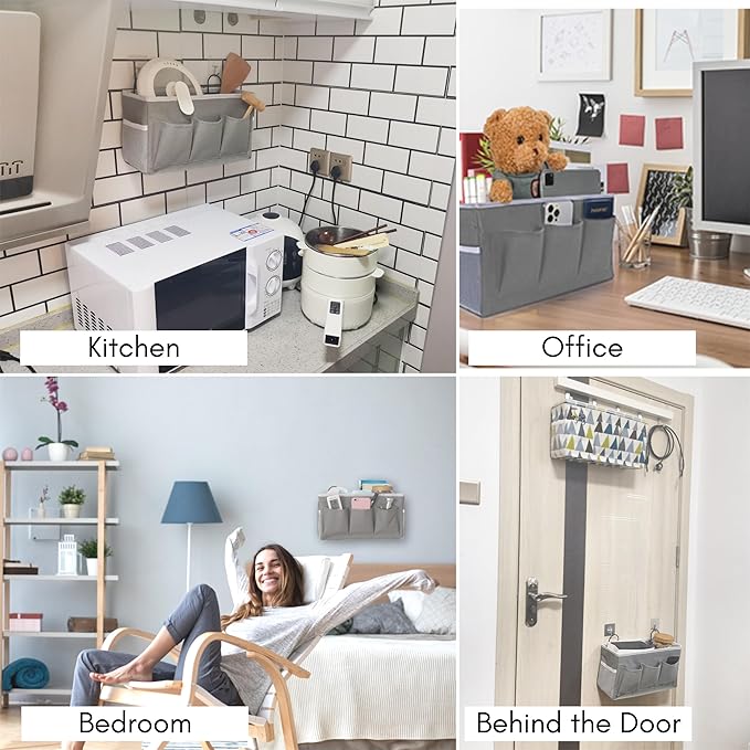 2pcs 3-pockets Large Wall Hanging Organizer Bag, Linen Fabric Door Hanging Storage Baskets with Pockets, Waterproof Bin for Kitchen, Bedroom, Office, RV Camper (Gray-3pcs)