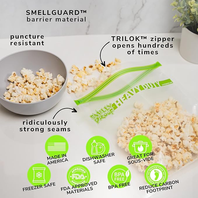 REUSABLE STORAGE BAGS by Smelly Proof, Large HEAVY DUTY 5-mils US-Made BPA FREE, NO PEVA, Dishwasher-Safe Reusable Freezer Bags CLEAR FLAT Quart 10" x 8.5" 5pk