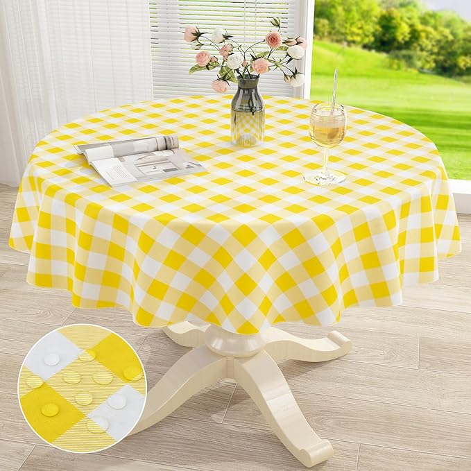 misaya Round Waterproof Vinyl Table Cloth, Buffalo Flannel Backed Tablecloth, Wipeable Plastic Table Cover for Dinner, Kitchen, Picnic (60", Yellow and White)