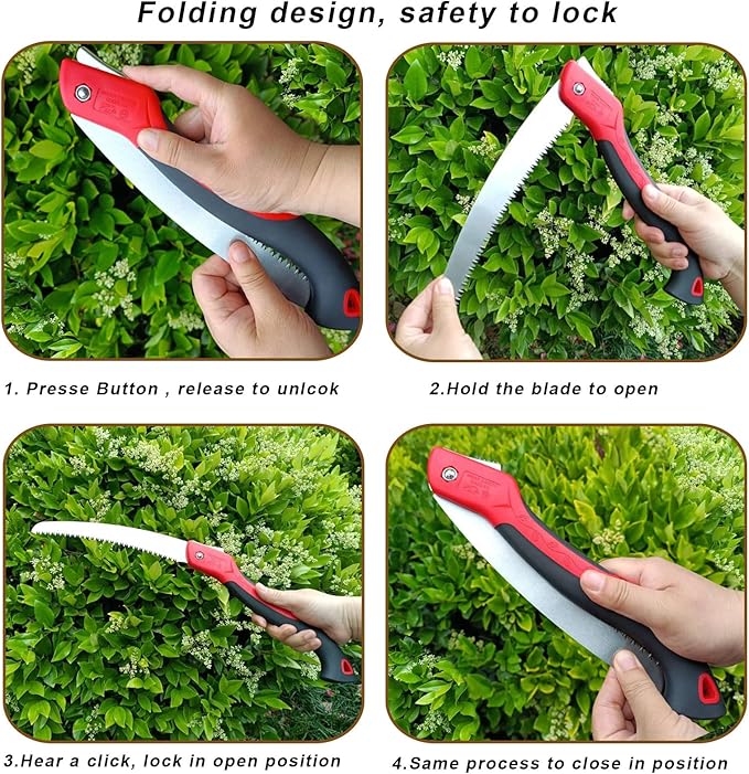 10 Inch Heavy Duty Pruning Saw, Folding Hand Saw with SK5 Curved Blade, Triple-cut Razor Teeth Used for Trees Wood Cutting Camping Gardening Work, Hiking, Landscaping, Tree Trimming