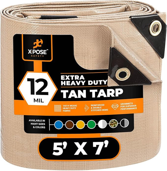 Heavy Duty Tan Poly Tarp 5' X 7' - Multipurpose Protective Cover - Durable, Waterproof, Weather Proof, Rip and Tear Resistant - Extra Thick 12 Mil Polyethylene - by Xpose Safety